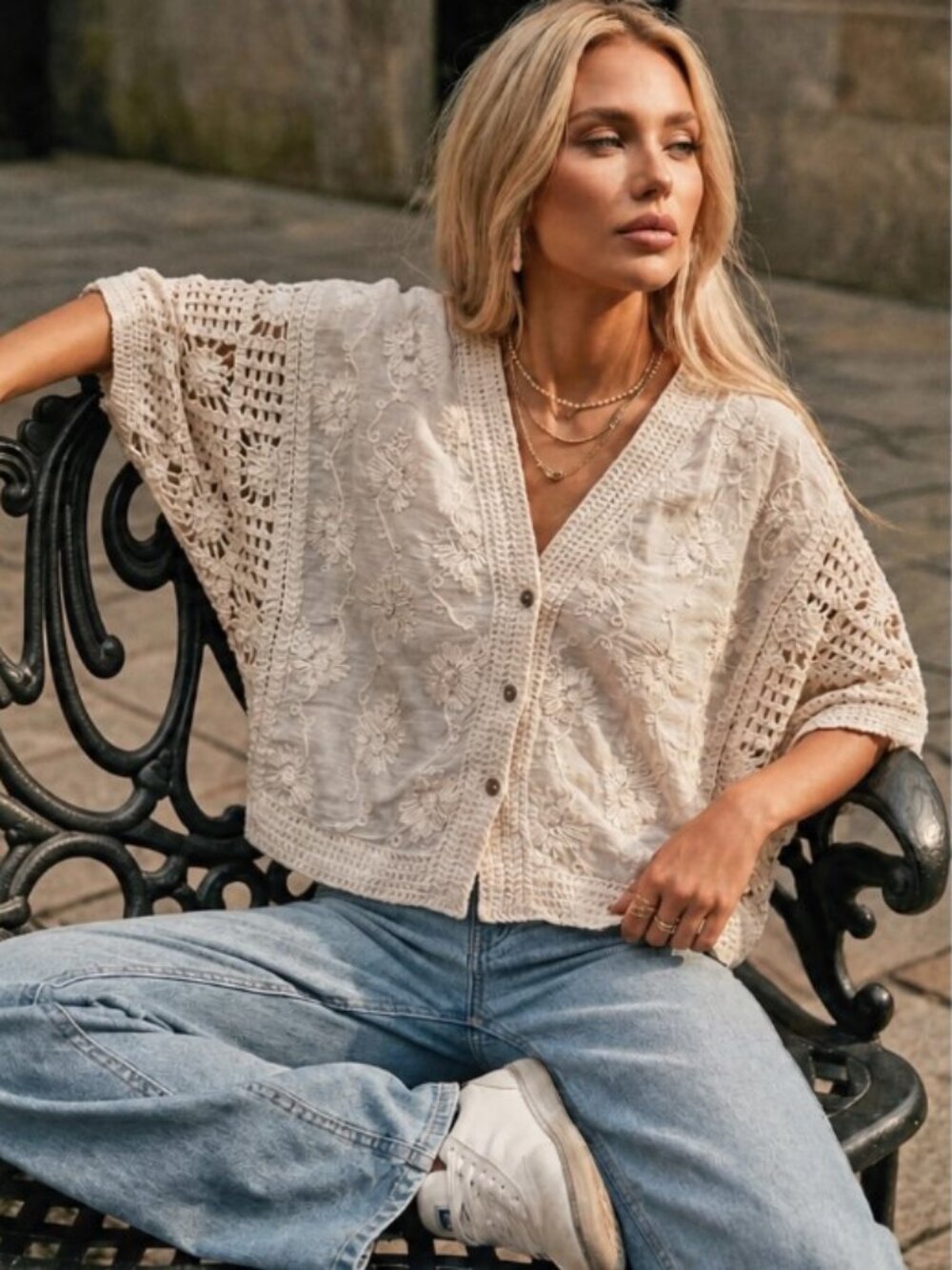 Boho Lace Button-Down Top – Cream Crochet Detail | Effortless Chic